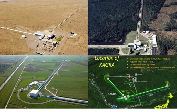 Fig. 2: In alto: Le antenne di LIGO ad Hanford e Livingstone, in USA – In basso a sinistra: l’antenna di Càscina vicino a Pisa e, a destra, l’antenna giapponese di KAGRA