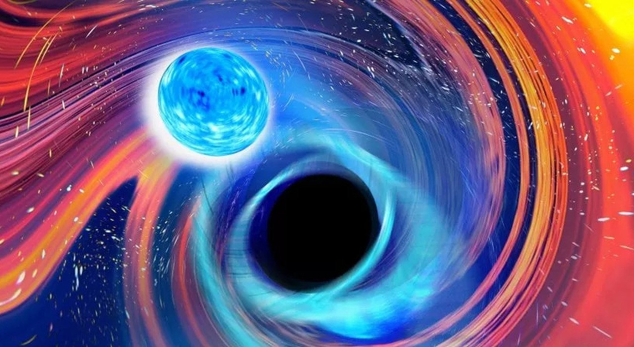Fig. 4: Rappresentazione artistica dello scontro tra un buco nero e una stella di neutroni.