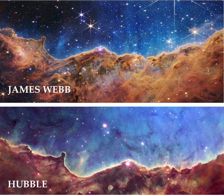 Figura 5 - La nebulosa della Carena - A confronto l'immagine del James Webb con quella di Hubble