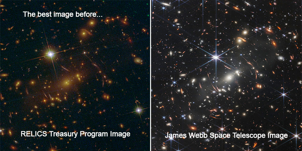 Figura 8 - Immagine profonda dell'ammasso di galassie SMACS 0723 - a sinistra visto da Hubble e a destra visto dal James Webb