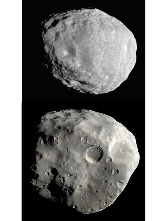 Figura 4: Giano (in alto) ed Epimeteo (in basso), fotografati dalla sonda Cassini (NASA/JPL/Space Science Institute via Wikimedia Commons, immagine di pubblico dominio).