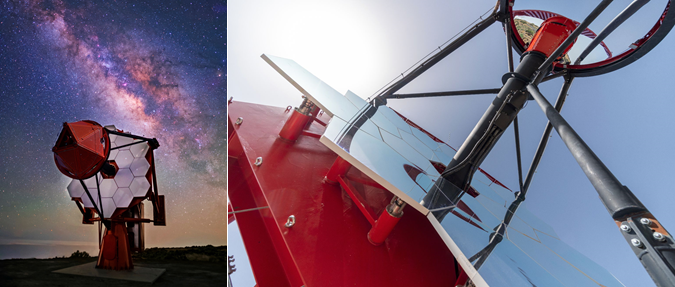 Figura 6: a sinistra ASTRI-1 di notte. Il primo dei 9 telescopi dell'ASTRI Mini-Array montato sul Teide a Tenerife (Isole Canarie). Crediti: Tommaso Marchiori (EIE) – A destra un primo piano degli specchi di ASTRI-1. È ben visibile lo specchio secondario, che riflette il terreno circostante. La scelta di un sistema a due specchi permette di avere uno strumento più compatto, più leggero e con un più ampio campo di vista - Crediti: Tomaso Belloni.