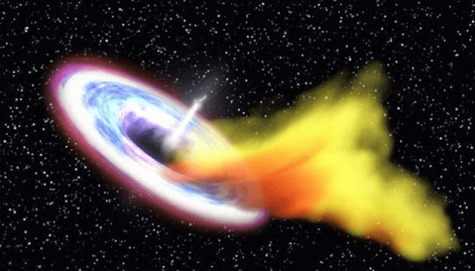 Fig. 1 - Immagine pittorica del buco nero all’interno della galassia GSN 069 mentre accresce materia - Crediti INAF.