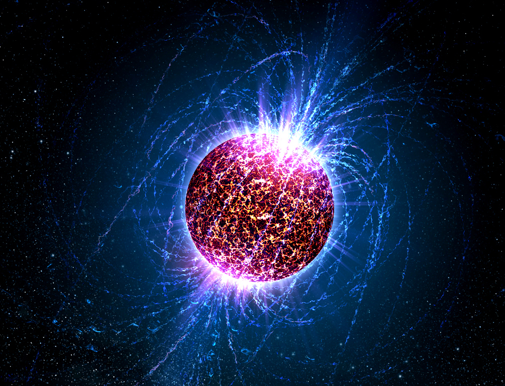 Fig. 2 - Rappresentazione artistica di una stella di neutroni, con evidenziate le linee di campo magnetico. Crediti: Casey Reed / Penn State University. Leggi anche l'articolo del nostro ricercatore Paolo D'Avanzo su Media INAF al link: Stelle di neutroni, là dove gli atomi collassano