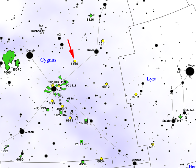 Fig. 2 - La mappa mostra la posizione di KIC 8462852, o "stella di Tabby", nella costellazione del Cigno, come indicato dalla freccia - Crediti immagine: Wikipedia