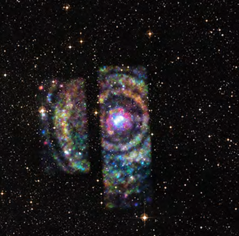 Fig. 3 - Immagine nella banda X della sorgente Circinus X-1 (stella di neutroni) catturata nel 2014 del satellite Chandra. L’immagine mostra 4 anelli centrati sulla stella di neutroni (in blu) e sul resto di supernova (in rosso). Le variazioni in luminosità e colore in ogni anello hanno permesso di individuare la nube responsabile con una nube di monossido di carbonio. Crediti immagine: X-ray Dust Tomography: the New Frontier in Galactic Exploration di Sebastian Heinz & Lia Corrales