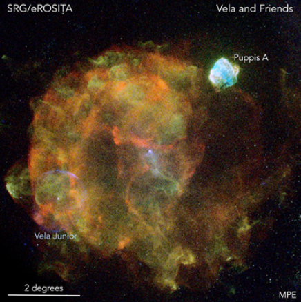 Fig. 7 - Alla distanza di "soli" 800 anni luce, Vela, un resto di supernova, appare in tutto il suo splendore anche 12.000 anno dopo lo scoppio. Al centro si vede la pulsar della Vela, la stella di neutroni originata dal collasso nucleo della stella progenitrice. L’emissione azzurra e brillante è Puppis-A, un altro resto di supernova. Crediti: Peter Predehl, Werner Becker (MPE), Davide Mella.