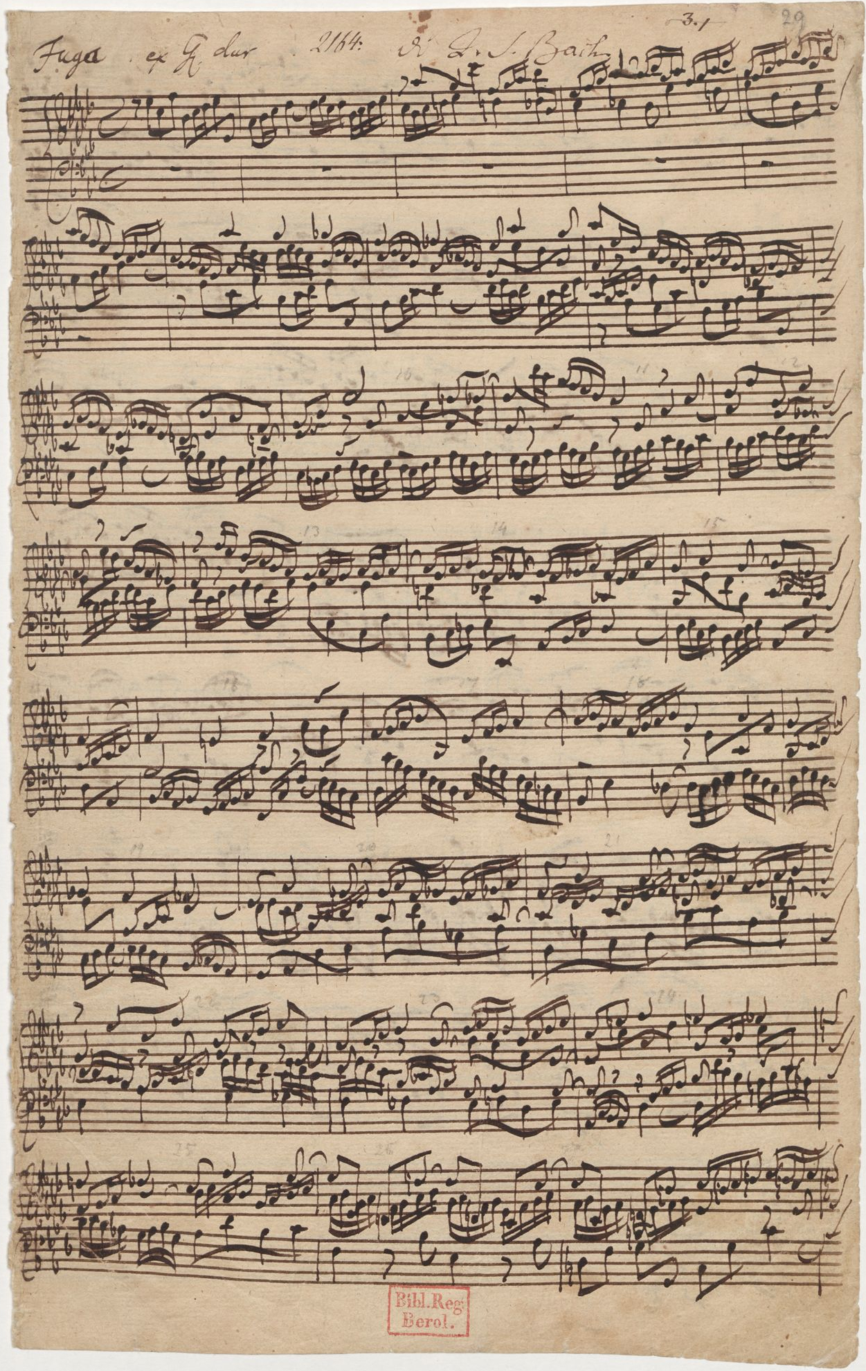 Fig. 1 - Pagina autografa della fuga in Lab maggiore dal secondo libro del Clavicembalo Ben Temperato di Johann S. Bach (1685-1750), una delle prime opere musicali a fare uso del temperamento equabile - Crediti: libreria di stato di Berlino, immagine di pubblico dominio.