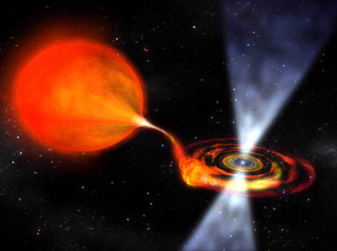 Fig. 1 - Immagine artistica di una stella di neutroni in un sistema binario in cui accresce materia a discapito della stella compagna e in cui si vede l’emissione ai poli. Crediti: NASA/Dana Berry.