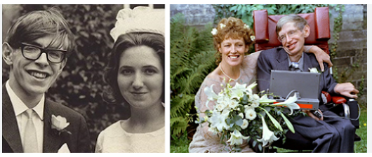 Fig. 2 - A sinistra: 14 luglio 1965 - Stephen sposa Jane Wilde. La coppia avrà tre figli - A destra: seconde nozze con la sua infermiera, Elain Mason, nel settembre 1995. Divorzieranno nel 2006. Crediti: wikipedia.