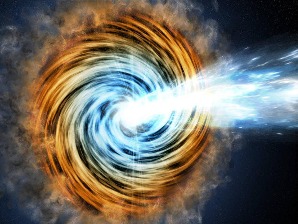 Fig. 4 - Figura artistica di come è fatto un blazar. Della materia si avvicina al buco nero spiraleggiando in un disco. All’interno parte della materia, invece di cadere dentro, viene spinta fuori a velocita vicine alla velocità della luce, formando due getti in direzioni opposte. Uno dei due getti ci punta contro. È da questo getto che proviene il neutrino ultra-energetico visto da IceCube - Crediti: JPL - NASA.