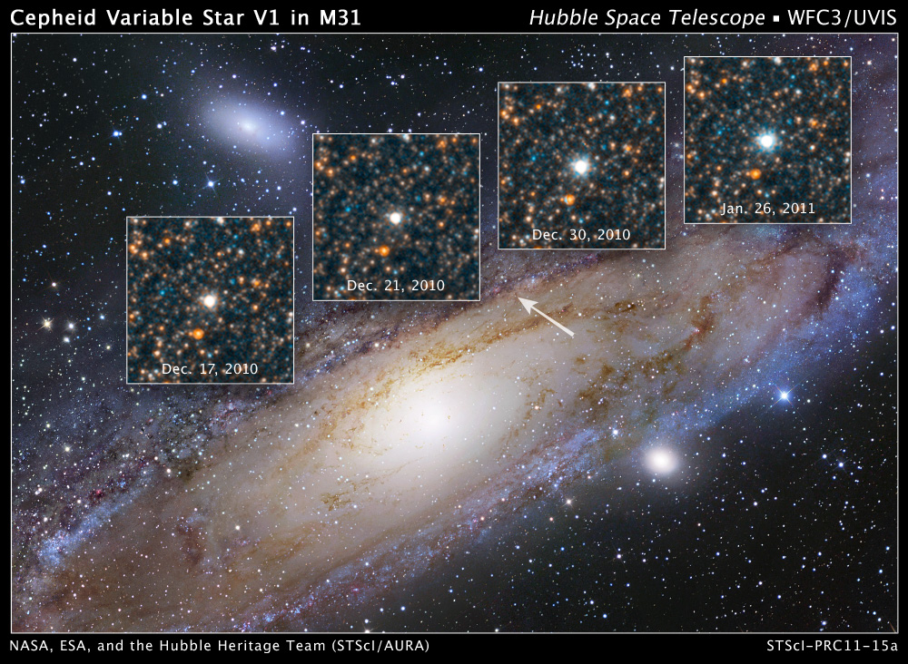 Fig. 5 - Un’immagine della galassia di Andromeda, con sovrapposte quelle della Cefeide scoperta da Hubble, che permise di calcolare la sua distanza -  Crediti: web.