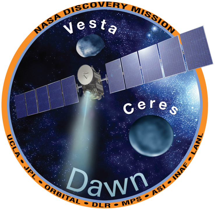 Fig. 1 -  Il logo della sonda Dawn, della NASA. A bordo, lo strumento VIR, spettrografo infrarosso, interamente costruito dall'Italia (ASI e istituto INAF/IASP) - Crediti: NASA.