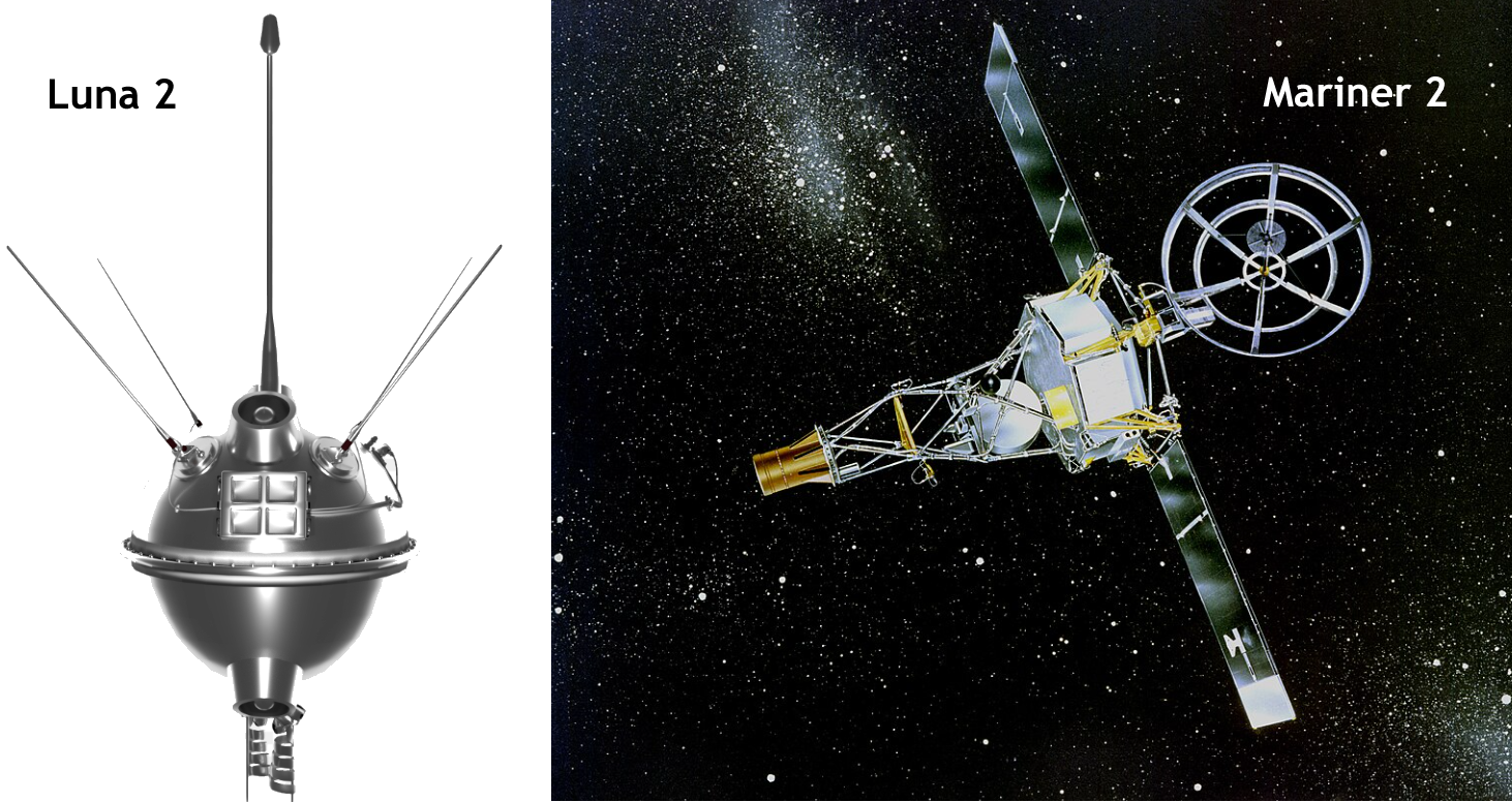 Fig. 1 - A sinistra la sonda Luna 2 che fu la seconda sonda spaziale lanciata dall’URSS verso la Luna e la prima a raggiungere la Luna su cui impattò a ovest del Mare della Serenità il 14 settembre del 1959. Crediti Wikipedia. A destra la sonda Mariner 2 che il 27 agosto 1962 fu lanciata verso Venere e che passò a 35.000 km da Venere il 14 dicembre 1962 diventando la prima sonda spaziale a condurre con successo un sorvolo ravvicinato di un pianeta. Crediti Wikipedia