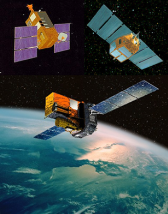 Fig. 2 - Immagine artistica delle tre missioni Rossi XTE lanciato il 30 dicembre 1995 (in alto a sinistra), BeppoSAX lanciato il 30 aprile 1996 (in alto a destra) e INTEGRAL lanciato il 17 ottobre 2002 (in basso al centro) - Crediti: web.