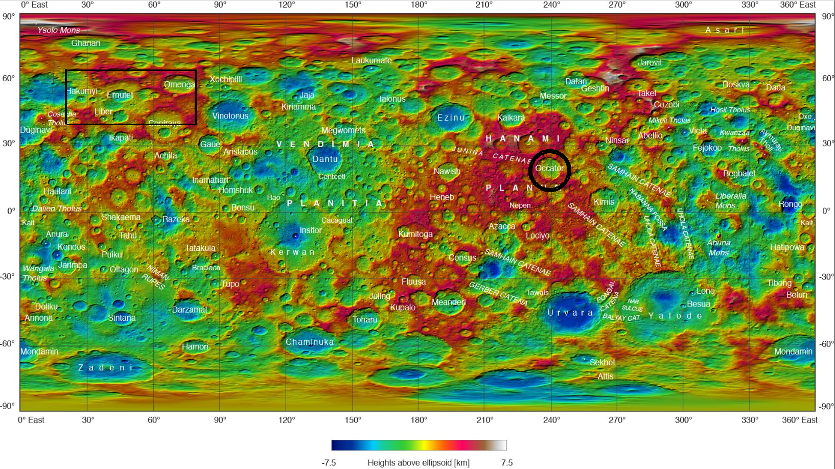 Fig. 2 - Mappa di Cerere realizzata con immagini prese dalla missione Dawn della Nasa. Mostra tutta la superficie del pianeta nano. La regione di Ernutet - dove sono state trovate le tracce di composti organici è evidenziata dal rettangolo nero in alto a sinistra - Crediti: NASA/JPL-Caltech/UCLA/MPS/DLR/IDA.