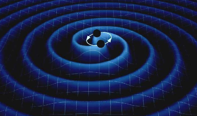 Fig. 3 - Rappresentazione artistica di un sistema di due stelle di neutroni in rotazione che perdono energia a causa dell’emissione di onde gravitazionali. Crediti: articolo "Le maree delle stelle di neutroni" di MediaInaf del 10/05/2016