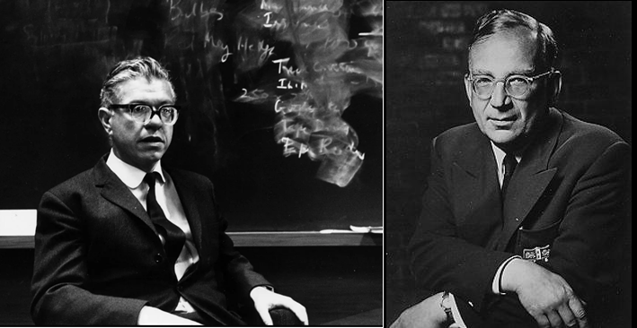 Fig. 3 -  A sinistra: Fred Hoyle, grandissimo astrofisico, padre nobile della teoria dello Stato Stazionario - Crediti: Donne—Hulton Archive/Getty Images. A destra: George Gamow, inventore e alfiere della teoria del Big Bang - Crediti: Wikipedia.