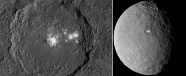 Fig. 4 - Ecco le macchie bianche ... Queste sono nel cratere Occator (cerchio nero nella Fig. 2). Sappiamo che sono dovute a sali di Magnesio, gli stessi che prendiamo come lassativo ... - Crediti: NASA.