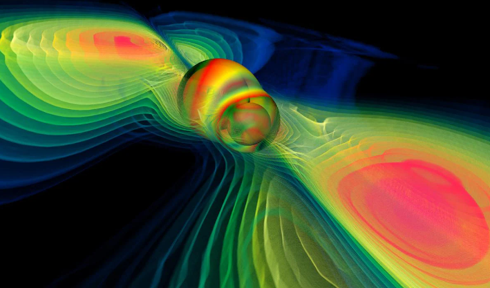 Fig. 1 -Immagine artistica delle onde gravitazionali generate nella fusione di due buchi neri - Crediti: focus.it.