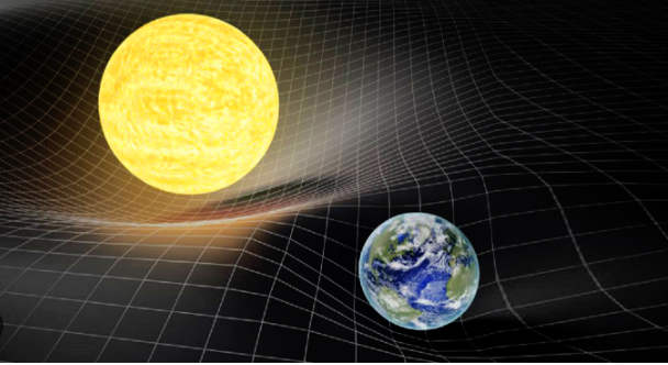 Fig. 3 - Immagine artistica dello spazio tempo deformato da due corpi - Crediti: Scienza per tutti - INFN.