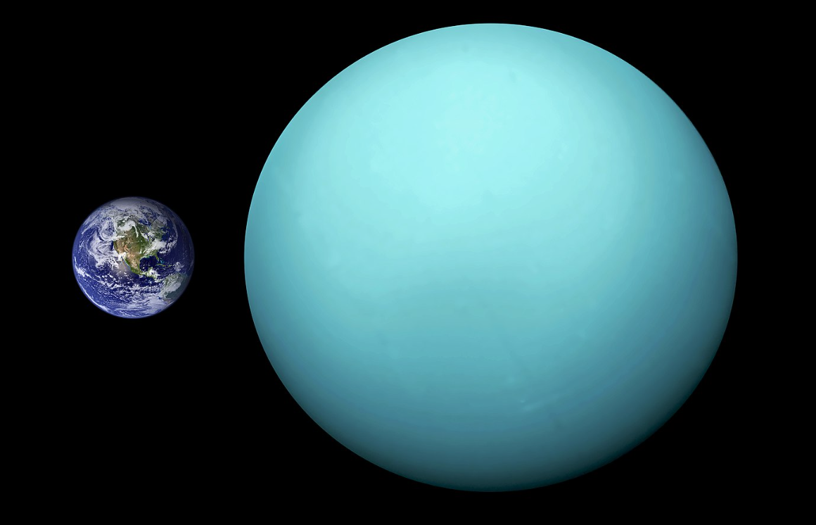 Fig. 3 - Le dimensioni di Urano comparate con quelle della Terra - Crediti: Wikipedia - NASA.