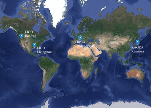 Fig. 1. Le 4 antenne gravitazionali in funzione attualmente: 2 negli Stati Uniti, una in Italia, vicino a Pisa, e una in Giappone.