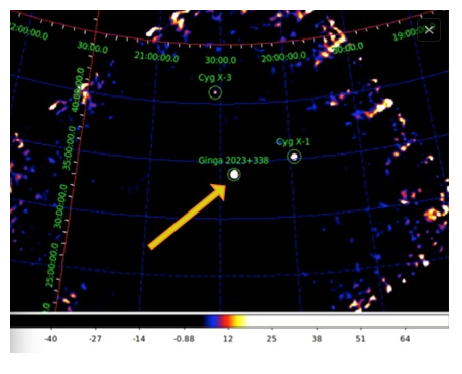 Fig. 2 - La zona di cielo con la sorgente GS 2023+338 indicata dalla freccia gialla - Credit: satellite Ginga.