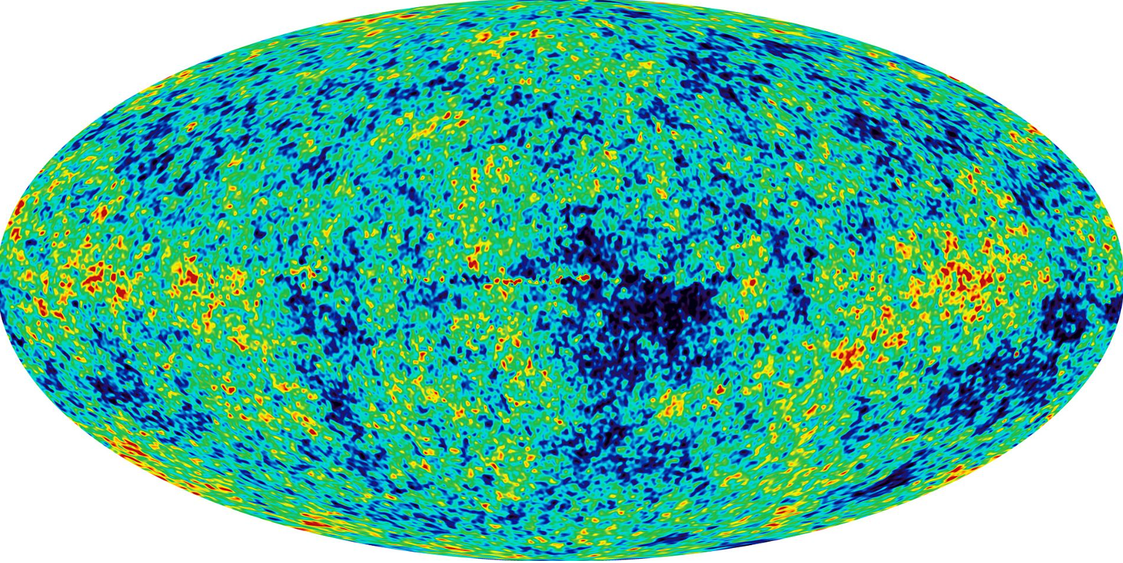 Fig. 2 - La radiazione cosmica di microonde, residuo del Big Bang. Le macchie scure e chiare indicano piccolissime differenze di temperatura: appena una parte su centomila, rispetto alla media, che è di 2.7 gradi Kelvin - Crediti: Wikipedia.