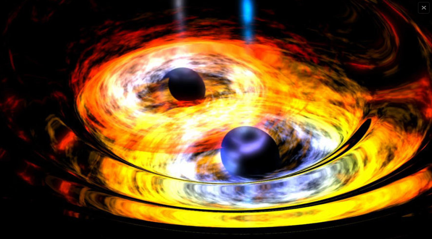 Fig. 2 - Immagine artistica che rappresenta il balletto tra due buchi neri che porterà alla loro fusione - Crediti: NASA.