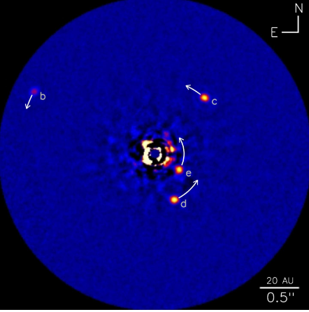 Fig. 2 - Prima immagine della stella HR 8799 dove si possono vedere i 4 pianeti che orbitano attorno. Press release del dicembre 2010 - Crediti W. M. Keck Observatory.
