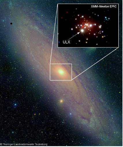 Fig. 2 - L’immagine mostra la galassia Andromeda con un ingrandimento della zona dov’è stata scoperta la sorgente ultra-luminosa (ULX) - Credit: Landessternwarte Tautenburg, XMM-Newton, MPE.