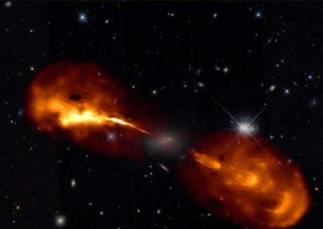 Fig. 1 - Rappresentazione artistica di un getto e i lobi radio di emissione. Nel centro della galassia - Crediti: web.
