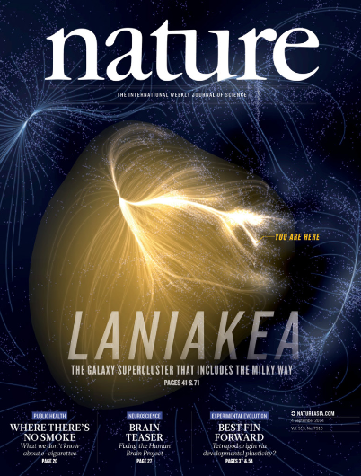Fig.2 - Copertina della rivista "Nature" del 4 Settembre 2014 che illustra Laniakea. - Crediti: Nature.