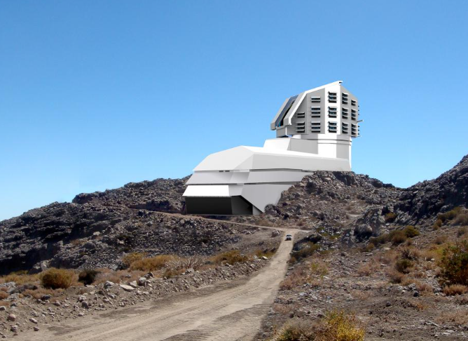 Fig. 3 - Immagine artistica del telescopio LSST e della sua dislocazione in Cile. Crediti: LSST.