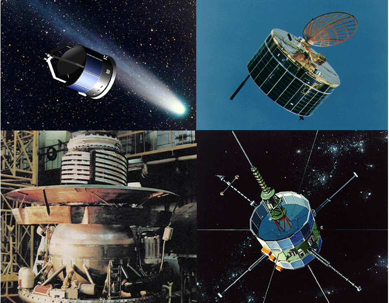 Fig. 2 - L’armata Halley, 6 sonde nate per esaminare la cometa di Halley quando nel 1986 si trovava nello spazio interno del sistema solare. Da sinistra in alto e in ordine di avvicinamento: la sonda Giotto dell’Agenzia Spaziale Europea - destra in alto: le due sonde gemelle giapponesi Suisei e Sakigake - sinistra in basso: le due sonde gemelle sovietiche Vega 1 e Vega 2 - destra in basso: la sonda della NASA International Cometary Explorer (ICE) - Crediti: wikipedia.