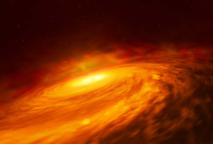 Fig. 1 - Rappresentazione artistica del tenue disco attorno al buco nero centrale della galassia Ngc 3147. Crediti: Esa/Hubble, M. Kornmesser