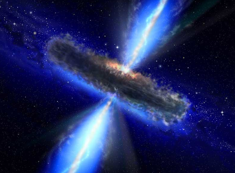 Fig. 2 - Immagine pittorica di una galassia vista di taglio, con le regioni centrali che emettono una quantità prodigiosa di energia Crediti: ESA/NASA/AVO/Paolo Padovani.