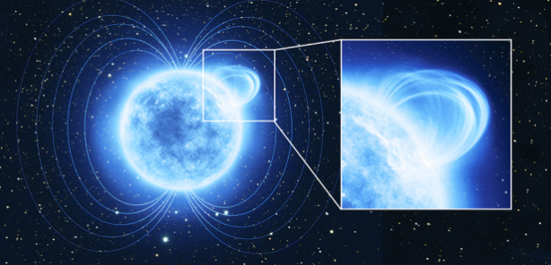 Fig. 3 -Immagine artistica della magnetar SGR 0418+5729. Panoramica e dettaglio sulla regione della magnetar che ha fatto registrare l’intenso campo magnetico (Crediti: Esa-Atg Medialab).