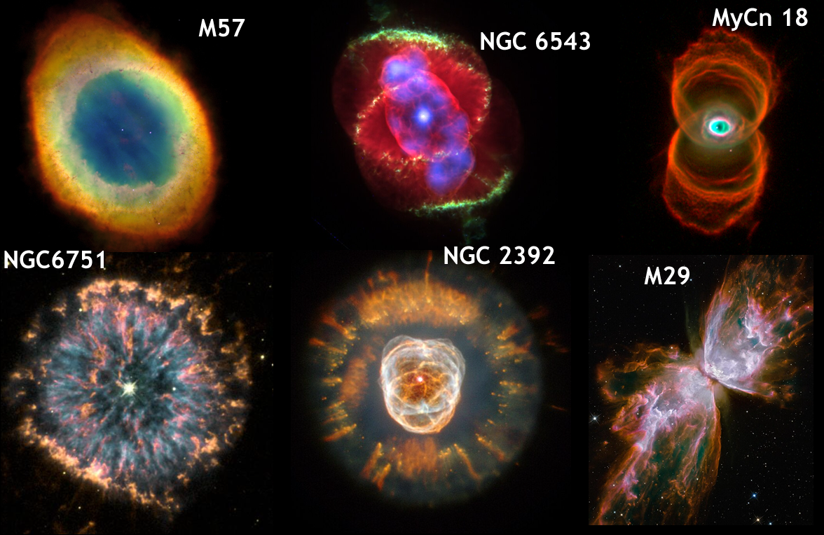 Fig. 10 - Da sinistra in alto: M57, la Nebulosa ad Anello, nella costellazione della Lira, a circa 2000 anni luce da noi. La nebulosa planetaria NGC 6543. Si notino gli involucri concentrici, emessi dalla stella centrale al ritmo di uno ogni 1500 anni e la nebulosa Clessidra (MyCn 18). Da sinistra in basso: la nebulosa planetaria NGC6751, la nebulosa Eschimese (NGC 2392) e la nebulosa Farfalla o M29 - Crediti Wikipedia.