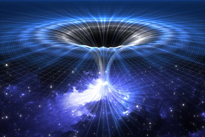 Fig. 2 - Una rappresentazione di un wormhole: le due “bocche” uniscono due posizioni dello spazio creando un “ponte”. Se si potesse attraversare, potremmo unire due località distanti anche miliardi di anni luce - Crediti: aliveuniverse.today