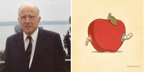Fig. 4 - A sinistra: John Archibald Wheeler (1911-2008) - A destra: immagine pittorica dei cunicoli spaziotemporali di Einstein-Rosen battezzati "wormhole" da John Archibald Wheeler, letteralmente buchi di verme - Crediti wikipedia.