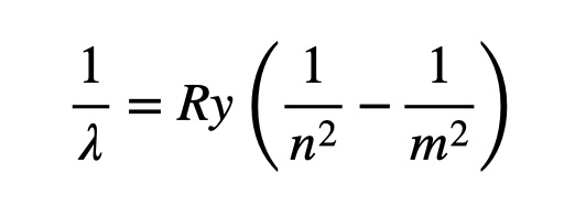 Equazione 1 - Formula empirica per la serie di Balmer elaborata da Johannes Rydberg. λ è la lunghezza d'onda della radiazione emessa, Ry è una costante, chiamata di Rydberg, che per l'idrogeno vale 1.09678 x 10^7 m^-1, n e m sono numeri interi positivi, con m>n.