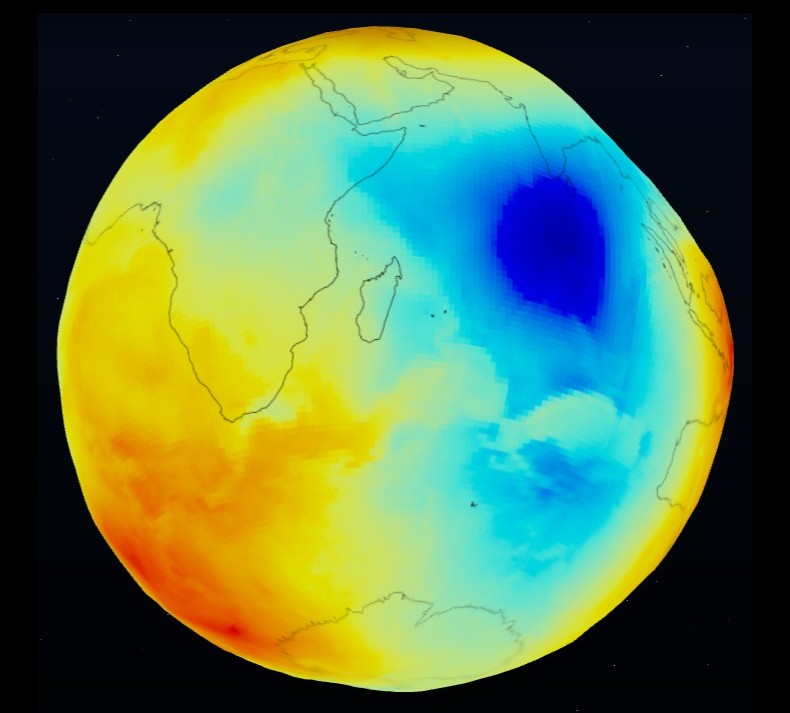 Fig. 3 - Mappa gravitazionale della Terra realizzata dal satellite GOCE - via ESA https://visuals.earth.esa.int/data/geoid