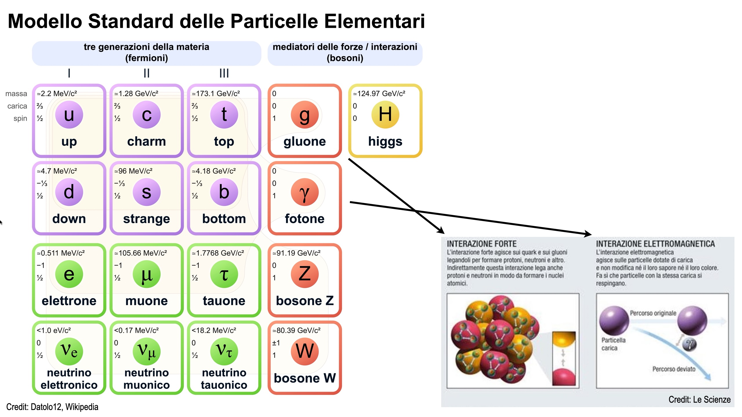 Fig 2 - Modello Standard della Fisica (figure da Wikipedia e Le Scienze). Non perdetevi nei dettagli, ma cercate di capire il quadro complessivo.