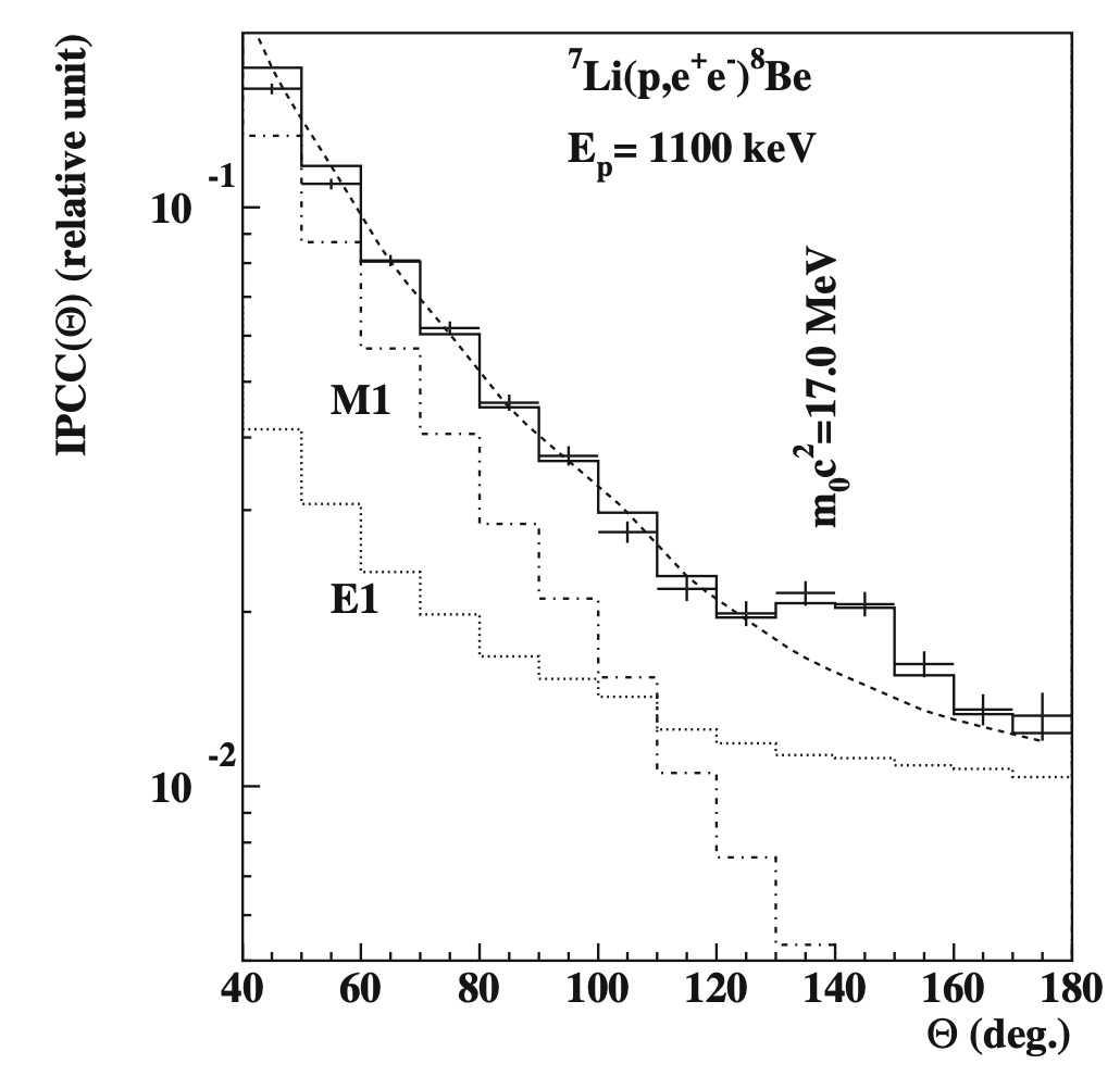 Fig 4 - Risultato dell'esperimento ATOMKI della reazione 7^Li(p,e+e-)8^Be aggiornato al 2021, che mostra l'anomalia a circa 140° (Alves et al. 2023). Le crocette indicano le misure sperimentali, la linea tratteggiata rappresenta il sottofondo (background) e la linea continua è la curva che meglio si adatta ai dati. Le altre linee indicate con M1 e E1 rappresentano quello che ci si aspettava dalla teoria.
